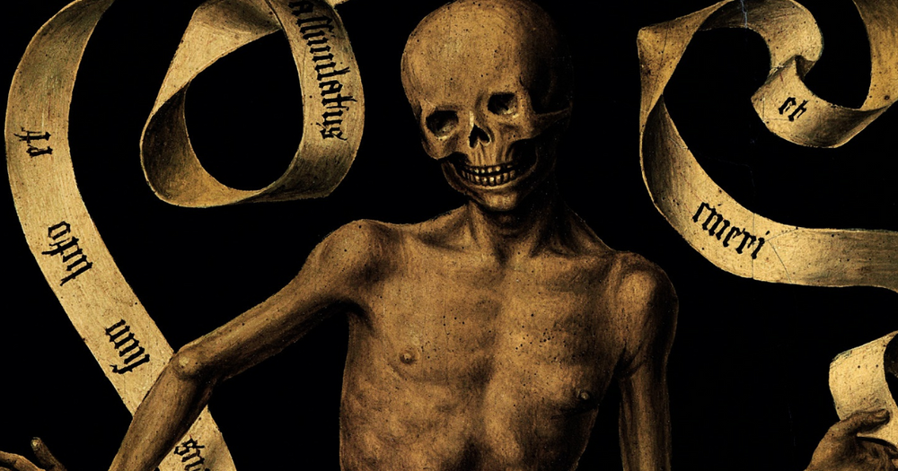Detalj från omslaget till boken Dödens idéhistoria föreställande ett skelett