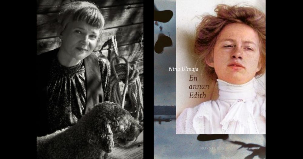 Porträtt i svartvitt på Nina Ulmaja, med en hund invid sig. Samt bokomslaget till biografin om Edith Södergran. Porträtt i färg.