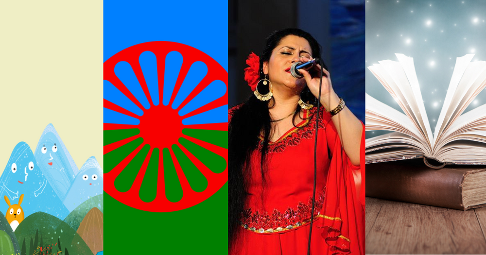 Ett collage av bilder. Romska flaggan, en kvinna som sjunger och en uppslagen bok med skimmer omkring