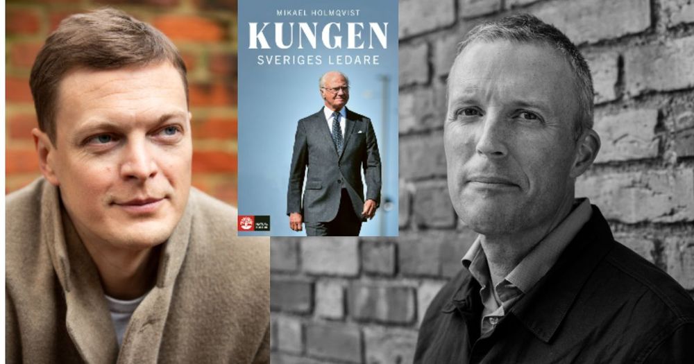 Porträtt på Björn af Kleen & Mikael Holmqvist med omslaget till boken Kungen : Sveriges ledare mellan porträtten. Omslaget visar kungen från midjan och uppåt.